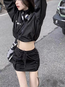 Spring Autumn New Loose Casual Sport Open Cardigan Zipper Top High Waist Workwear Short Skirt Two Piece Set Anti Aging