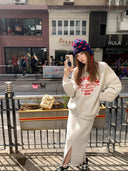 Women Korean Lazy Style Sports Two‑Piece Set Spring Autumn Loose Youthful Sweatshirt Midi Skirt Outfit For Petite Girls
