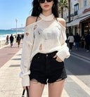 Grunge Gothic Y2k Spring Summer Knitted Pullover Off-shoulder Hollow Out Women Sweater Design Tops Black White Coats Streetwear