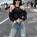 Grunge Gothic Y2k Spring Summer Knitted Pullover Off-shoulder Hollow Out Women Sweater Design Tops Black White Coats Streetwear