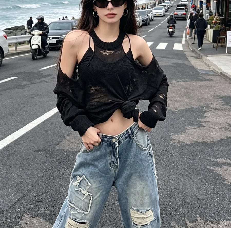 Grunge Gothic Y2k Spring Summer Knitted Pullover Off-shoulder Hollow Out Women Sweater Design Tops Black White Coats Streetwear