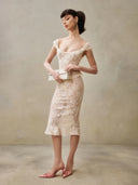Women Skirt Two Piece Set Sexy Sleeveless Lace Ruffles Top + Midi Slim Skirts Sets Evening Cocktail Party Suit