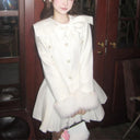 MEXZT Bow Woolen Mini Dress Women Party Faux Fur Patchwork Pleated Dresses Winter Elegant Korean Long Sleeve Bodycon Vestidos