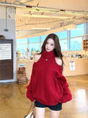 Autumn and Winter Fashion New Women's Elegant Knitted Sweater Loose, Warm, Thickened Design Sense High Neck Off Shoulder Hoodie