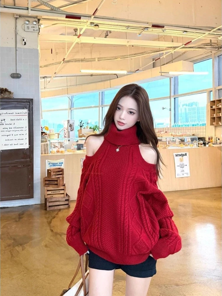 Autumn and Winter Fashion New Women's Elegant Knitted Sweater Loose, Warm, Thickened Design Sense High Neck Off Shoulder Hoodie