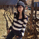Karrram Japanese Y2k V-neck Striped Sweater Vintage Harajuku Knit Slim Pullovers Korean Style Winter Knitwear 2000s Aesthetics