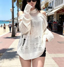 Grunge Gothic Y2k Spring Summer Knitted Pullover Off-shoulder Hollow Out Women Sweater Design Tops Black White Coats Streetwear