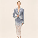 PUAL  Elegant Gray Linen Lace 2Pcs Set Cropped Blazer Sheer Lace Midi Skirt Women Fashion Formal Outfit 2026 New