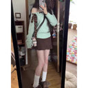 YIBASHU Winter Women Gyaru Bow Pullovers Cuddly Sweater Long Sleeve Slim Off Shoulder Knitwear Korean High Street 2000s Jumper