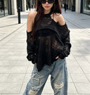 Grunge Gothic Y2k Spring Summer Knitted Pullover Off-shoulder Hollow Out Women Sweater Design Tops Black White Coats Streetwear