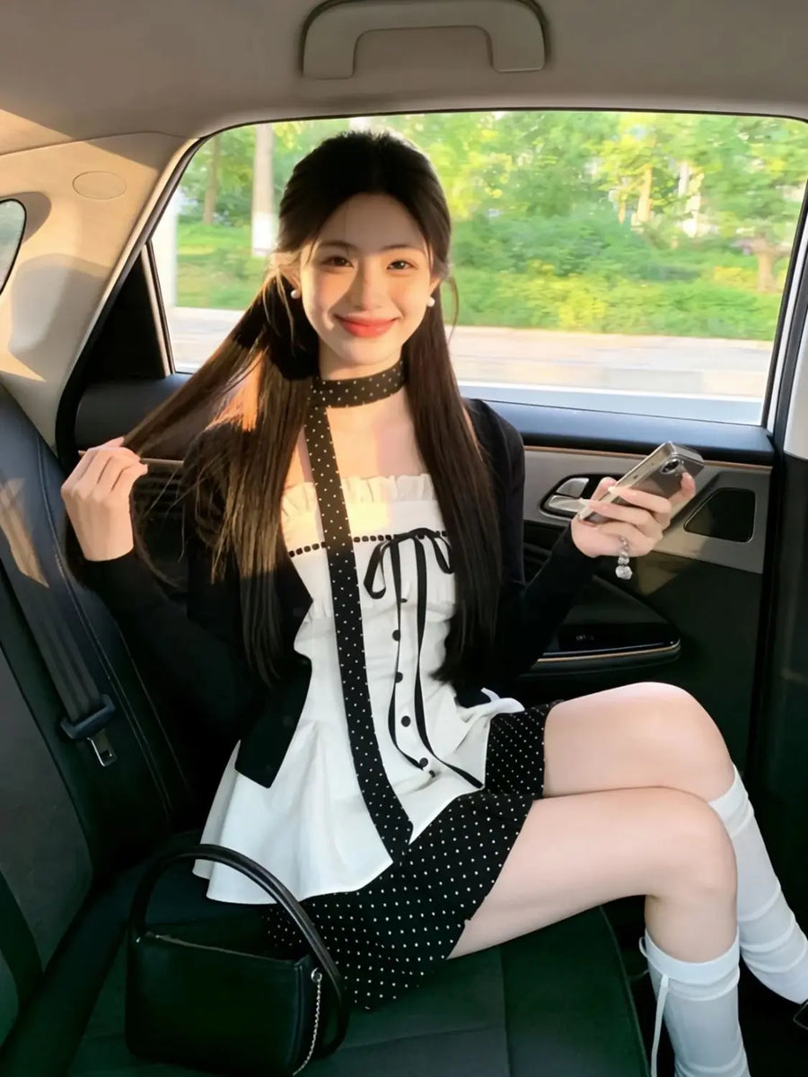 Korea Chic Patchwork Design Party Sets Loose Cardigan Jacket + Lace Bow Camisole Top + Mini Skirt Sweet Three-piece Set Women