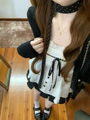 Korea Chic Patchwork Design Party Sets Loose Cardigan Jacket + Lace Bow Camisole Top + Mini Skirt Sweet Three-piece Set Women