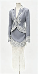 PUAL  Elegant Gray Linen Lace 2Pcs Set Cropped Blazer Sheer Lace Midi Skirt Women Fashion Formal Outfit 2026 New