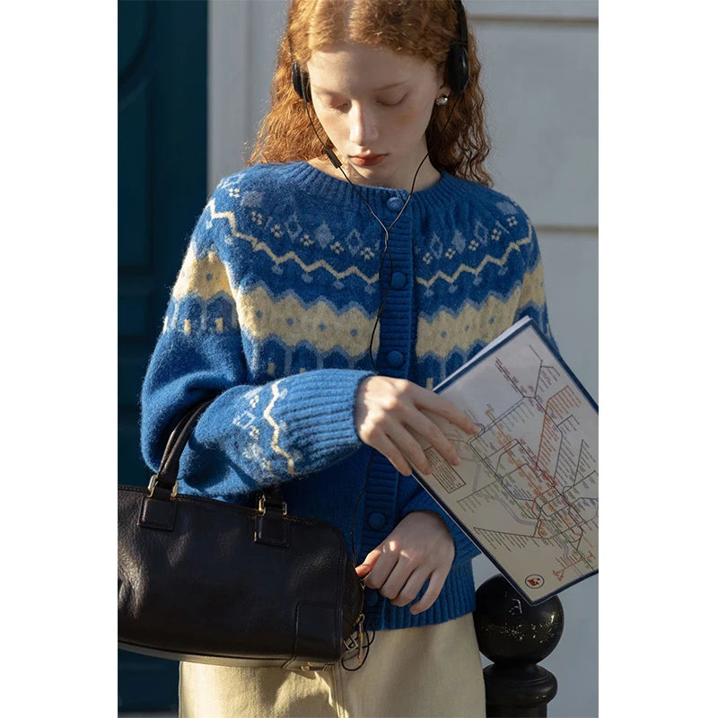 MEXZT Y2K Vintage Knitted Cardigan Women Streetwear Cropped Print Sweater Coat Korean Patchwork Knitwear O Neck Casual Jumpers