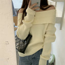 Preppy Chic Women Spring Winter Knit Bottom Top One-line Neck Off-shoulder Collarbone Long Sleeve Casual Daily Sweater