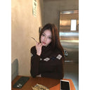 MEXZT Argyle Knitted Cardigan Women Vintage Half Turtleneck Sweater Outerwears Korean Long Sleeve Knitwear Winter Slim Jumpers