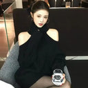 Autumn and Winter Fashion New Women's Elegant Knitted Sweater Loose, Warm, Thickened Design Sense High Neck Off Shoulder Hoodie