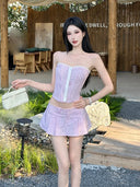 ReddaChic Trendy Stripe 3-piece Women Set Sexy Open Front Cardigan Button Tube Top Pleat Low Rise Mini Skirt Causal Fall Clothes