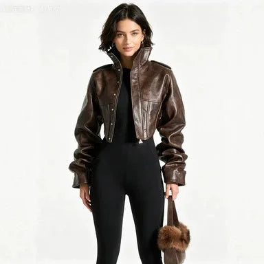 Vintage Women's Cropped Faux Leather Jacket Stand Collar Balloon Sleeve Biker Style PU Leather Coat Streetwear Outfit