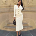 Ruffle V-neck Top Skirt Two-piece Spring Long-sleeved Cardigan Hip-covering Fishtail Long Skirt Knitted Two-piece Suit For Women
