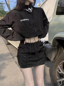Spring Autumn New Loose Casual Sport Open Cardigan Zipper Top High Waist Workwear Short Skirt Two Piece Set Anti Aging