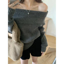 Preppy Chic Women Spring Winter Knit Bottom Top One-line Neck Off-shoulder Collarbone Long Sleeve Casual Daily Sweater