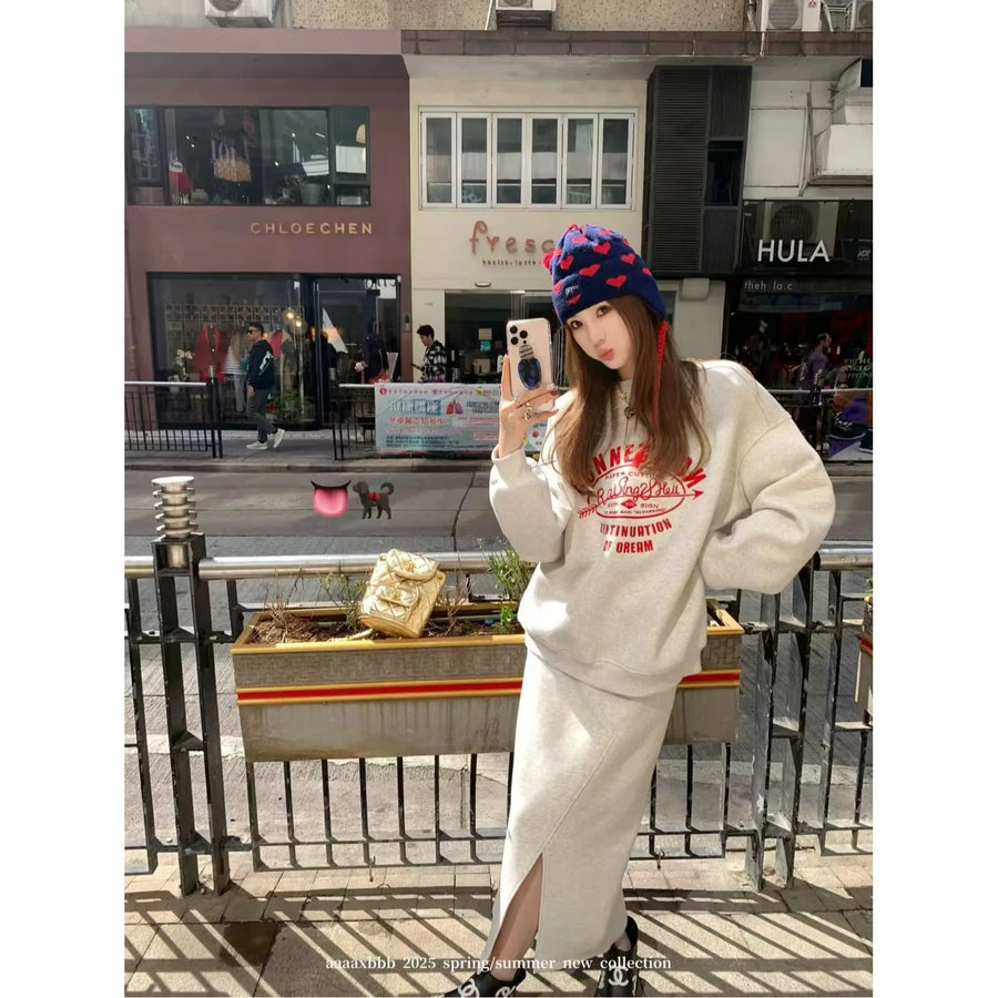 Women Korean Lazy Style Sports Two‑Piece Set Spring Autumn Loose Youthful Sweatshirt Midi Skirt Outfit For Petite Girls
