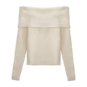 Preppy Chic Women Spring Winter Knit Bottom Top One-line Neck Off-shoulder Collarbone Long Sleeve Casual Daily Sweater