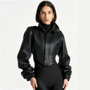 Vintage Women's Cropped Faux Leather Jacket Stand Collar Balloon Sleeve Biker Style PU Leather Coat Streetwear Outfit