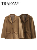 HH Women Vintage Brown Suede Blazer Coat Single Breasted Long Sleeve Lapel Jacket With Pockets Casual Office Lady Outerwear