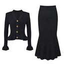Ruffle V-neck Top Skirt Two-piece Spring Long-sleeved Cardigan Hip-covering Fishtail Long Skirt Knitted Two-piece Suit For Women