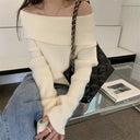 Preppy Chic Women Spring Winter Knit Bottom Top One-line Neck Off-shoulder Collarbone Long Sleeve Casual Daily Sweater