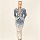 PUAL  Elegant Gray Linen Lace 2Pcs Set Cropped Blazer Sheer Lace Midi Skirt Women Fashion Formal Outfit 2026 New