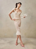 Women Skirt Two Piece Set Sexy Sleeveless Lace Ruffles Top + Midi Slim Skirts Sets Evening Cocktail Party Suit