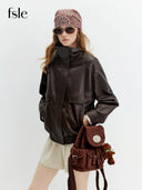 FSLE 2026 Fall Women's Vintage Stand Collar PU Leather Biker Jacket - Chic Cropped Design for Daily and Evening Outings