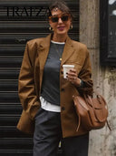 HH Women Vintage Brown Suede Blazer Coat Single Breasted Long Sleeve Lapel Jacket With Pockets Casual Office Lady Outerwear