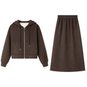 VIMLY Women New Two Piece Skirt Set Vintage Knitted Hooded Zip Up Jackets Straight Skirts Winter 2026 Ladies Skirt Suits M9572