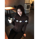 MEXZT Argyle Knitted Cardigan Women Vintage Half Turtleneck Sweater Outerwears Korean Long Sleeve Knitwear Winter Slim Jumpers