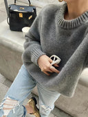 High-end 100% Pure Cashmere Sweater Women Loose Soft Waxy Lazy Wind Round Neck Thick Sweater in Autumn and Winter