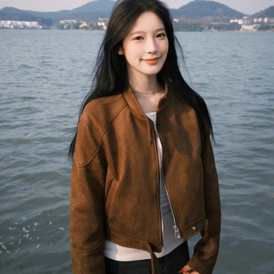 American Retro Short Suede Jacket for Women 2025 Autumn New Casual Versatile Top Trendy