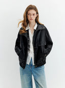 FSLE 2026 Fall Women's Vintage Stand Collar PU Leather Biker Jacket - Chic Cropped Design for Daily and Evening Outings