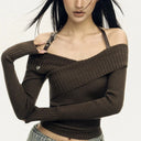 MEXZT Y2K Off Shoulder Sweater Women Sexy Cropped Halter Knitted Pullovers Harajuku Vintage Slash Neck Knitwears Winter Jumpers