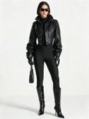 Vintage Women's Cropped Faux Leather Jacket Stand Collar Balloon Sleeve Biker Style PU Leather Coat Streetwear Outfit