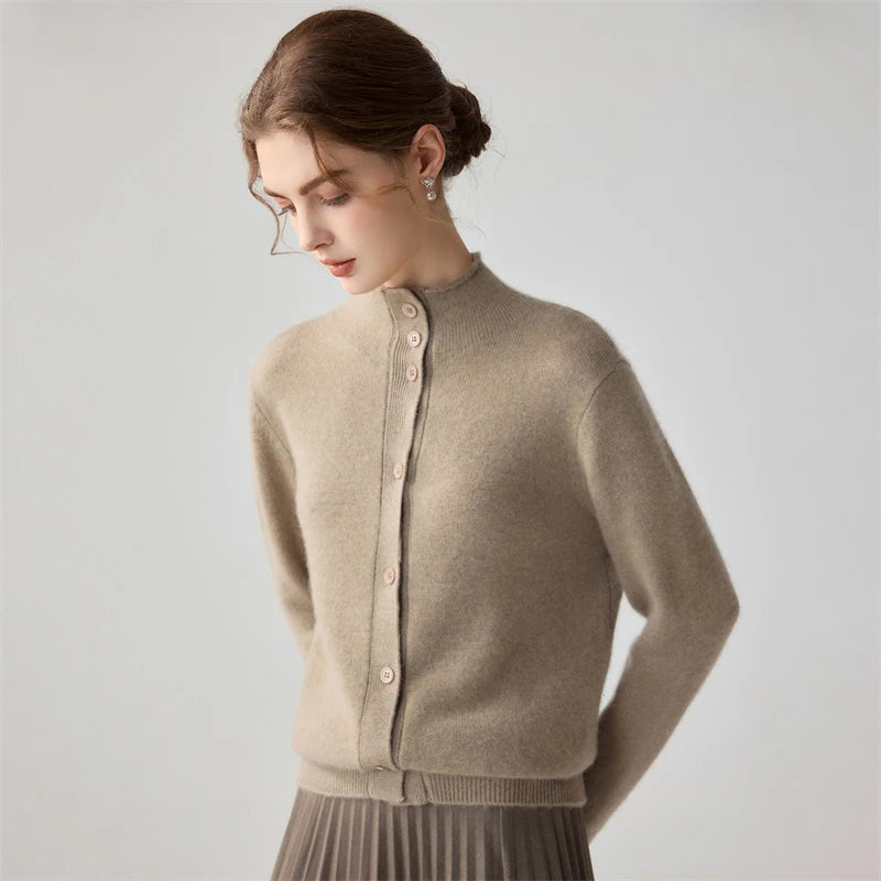 Autumn Winter New Arrival Pure Cashmere Knitted Open Cardigan for Women Seven-Needle Double-Yarn Half-High Collar Long Sleeve Ou