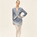 PUAL  Elegant Gray Linen Lace 2Pcs Set Cropped Blazer Sheer Lace Midi Skirt Women Fashion Formal Outfit 2026 New