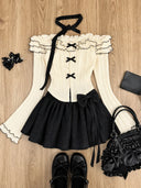 Hot Girls Japanese Lolita Style 3 Piece Suit Casual Short Cardigan Slim Fit Vest Puff Cake Skirt Harajuku Kawaii Women Clothing